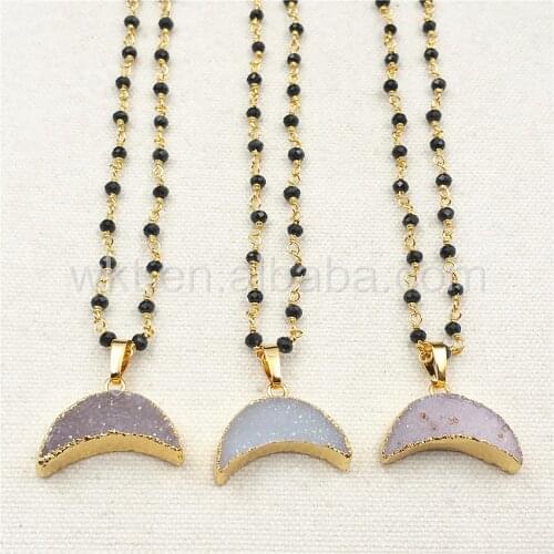 WT-N866 5pcs/lot Wholesale Moon Natural Druzy stone Necklace with 18" Black Beads Rosary Chain Necklace for Women Design Jewelry