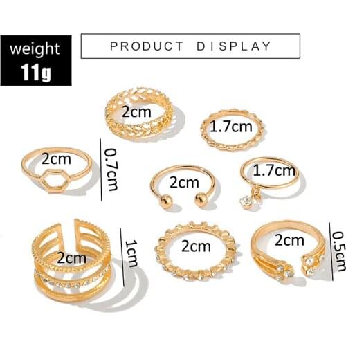 8 Pieces/set of Retro Bohemian Style Personality CZ Crystal Knuckle Jewelry Retro Gold Diamond Open Ring Party Jewelry Anillos