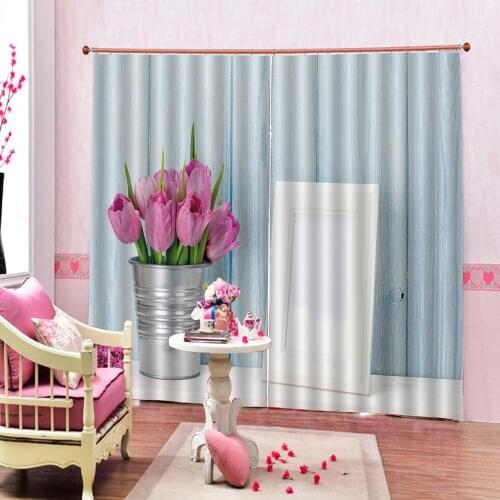 Custom Blue wooden blocks Curtain For Living Room Bedroom Photo Frame Pink Flowers Blackout Polyester Fabric Window Drapes Decor