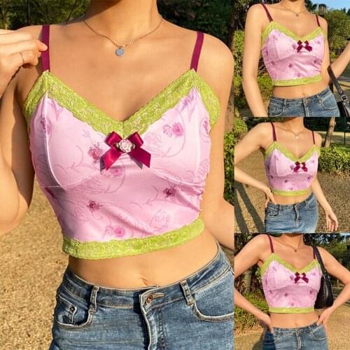 Womens Fashion Sexy V-Neck Flower Printing Lace Stitching Camisole Pink