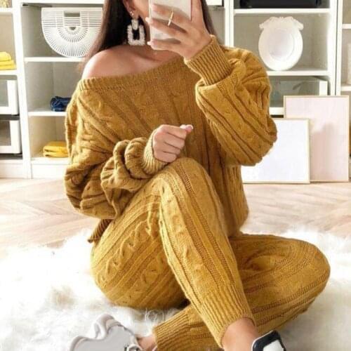 2 piece set women 2Pcs/Set Winter Women Solid Color Off Shoulder Long Sleeve Sweater Knitted Pants