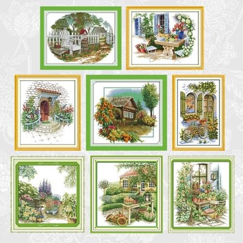 Flower Courtyard Cross Stitch Printed Canvas 11CT 14CT DIY Embroidery Needlework Home Decor Cross Stitch Semi-finished Kits