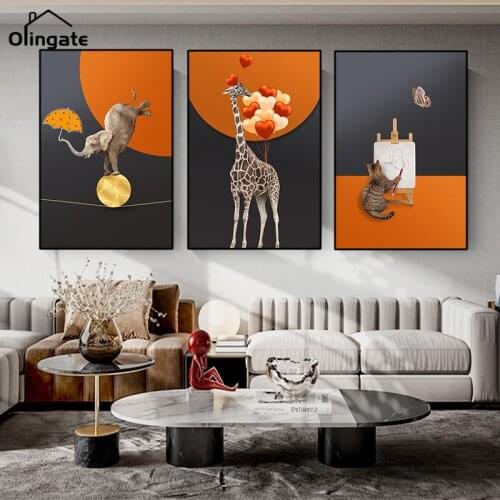 Animal Posters and Prints Nordic Elephant Giraffe Cat Canvas Painting Wall Art Orange Picture for Living Room Home Decor