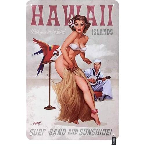 Hawaii Pin Up Girl Tin Sign Sexy Woman with Adorable Bird Handsome Man Vintage Metal Tin Signs for Men Women Wall Art