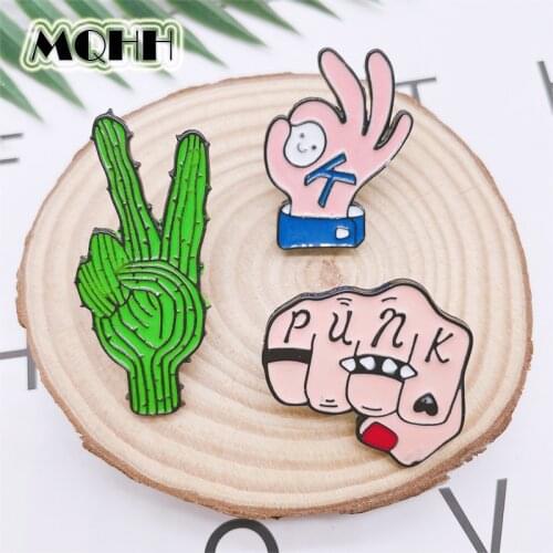Creativity Fun Gesture OK Yeah Enamel Brooch Plant Cactus Fist Alloy Badge Punk Pin Bag Clothes Accessories Woman Jewelry Gift