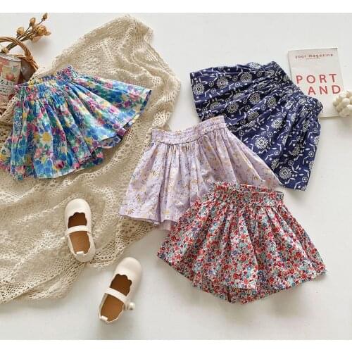 Summer Girls Skirts Kids Clothes Short Pants Toddler Girl Party Flower Pleated Print Princess Children Tutu Skirt Wide Leg Pant