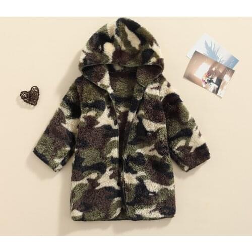 FOCUSNORM Fashion Toddler Girls Boys Camouflage Print Wool Coat Winter Hooded Long Sleeve Outerwear 2-7Y