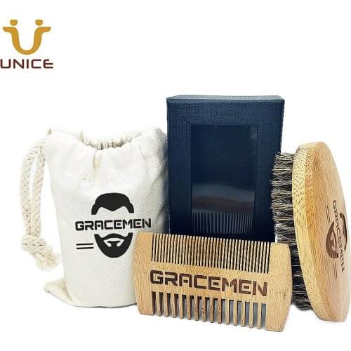 MOQ 100 Sets OEM Custom LOGO Eco-Friendly Bamboo Beard Care Kit with Bag & Box Mustache Beards Hair Brush and Dual Sided Comb