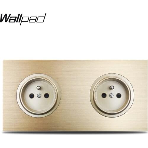 Wallpad L6 Gold Double French Electric Power Outlet Wall Socket Gold Brushed Aluminum Metal Panel, 172*86mm