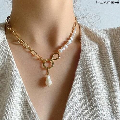 HUANZHI 2020 Retro Baroque Natural Fresh Water Pearl Pendant Chain Asymmetry Clavicle Chain Necklace for Women Girls Jewelry