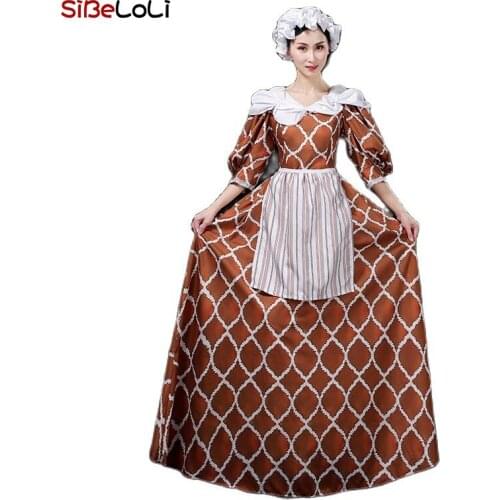 18th Century Historical Period Baroque Colonial Maid Dress Gown Vintage Edwardian Dress Victorian Apron Plaid Dress