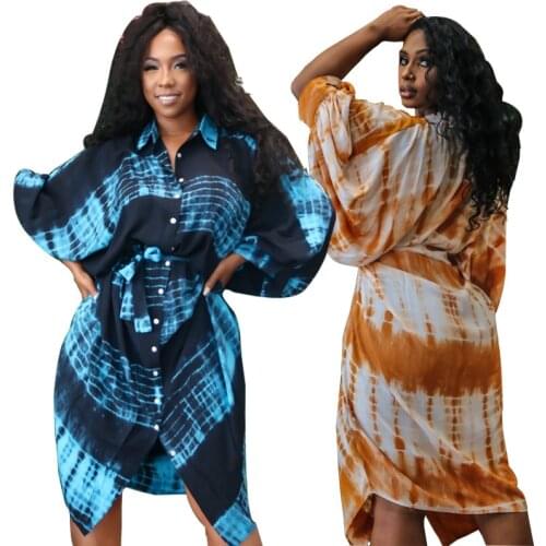 Dresses Plus Size Womens Tie-dye Small Floral Irregular Skirt Princess Skirt Shirt Dress Sashes Knee-Length Batwing Sleeve