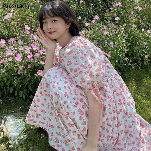 Dress Women Loose Print Kawaii Sweet Korean Style Mujer Trendy Holiday Bandage Maxi Soft Summer Design Popular Ins Sundress New