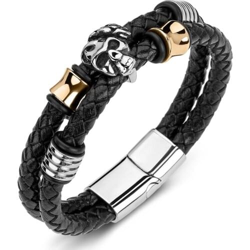 Braided Genuine Leather Men Bracelets Stainless Steel Rose Flower Skull Bangles Punk Skeleton Jewelry Male Wristband Gifts P190