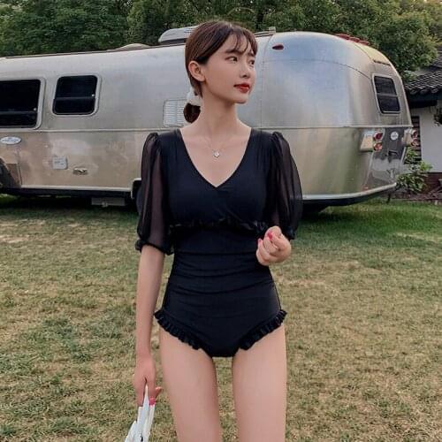 Mesh Puff Sleeves Solid Flounce Tight Swimwear High Waist Hollow Out Bandage Beach Bikini Sexy Two-piece Bathingsuit Women Dress