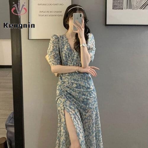 Loose Oversized Summer Dress 2021 French Style Vintage Ladies Vestidos Blue Color Print Floral Robe Dress Female Clothes KE1323
