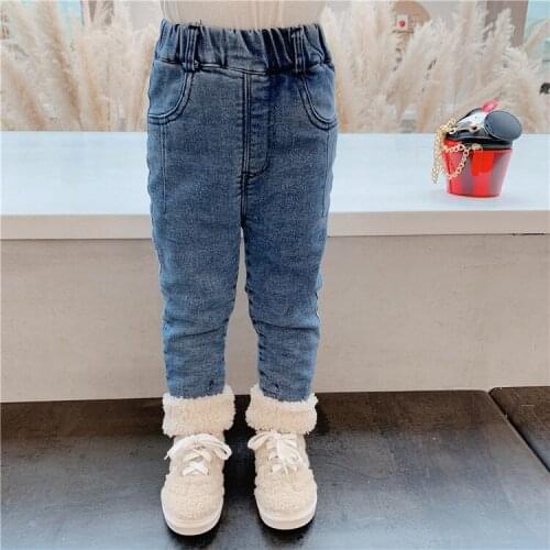 Toddler Girls Thick Jeans Winter New Childrens Casual Plus Velvet Denim Pants Kids Solid Lambswool Warm Trousers Jeans For Girl