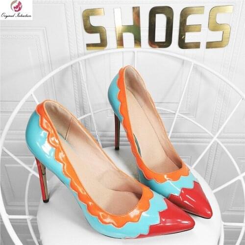 Fashion Gladiator Pumps Women Sexy Pointed Toe Mixed Colors Patent Leather Thin High Heels Lady Shoes Red Blue Orange Size 46 47