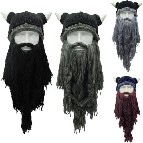Adult Crazy Funny Halloween Cosplay Knitted Viking Beard Horn Hat Ski Mask Barbarian Vagabond Vintage Beanie Cap Winter Warmer