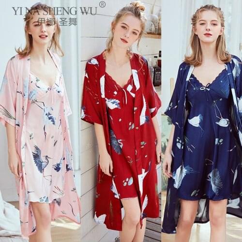 Women Nightgown Chinese Style Crane Printed Fashion Half Sleeve Kimono Bathrobe Bride Bridesmaid Wedding Long Robe Home Clothing