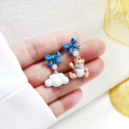 925 Silver Needle Little bear cute cartoon cloud temperament asymmetric earrings