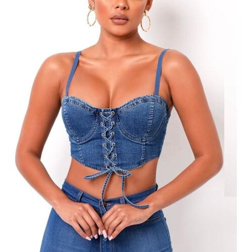 Denim Corset Top Lace up Cut out Removable Straps Pads Underwire Jeans Bustier Women Casual Party Outfits Sexy Cami Top