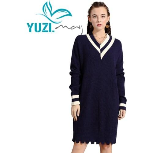 Dress Female 2019 Yuzi.may Boho New Cotton Wool Winter Dresses V-Neck Color Blocks Knitting Vestidos A82198 Vestido