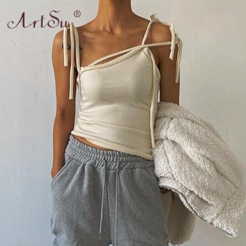 ArtSu Lace Up Black Slim Tank Tops Women Sexy Skew Collar Sleeveless Summer Crop Top Streetwear 2021 Female Casual Tops Tees