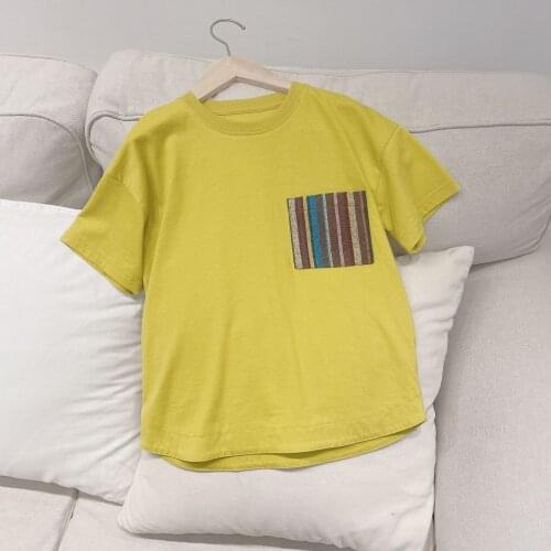 Childrens yellow color striped pocket T-shirt boys casual t-shirt moisture absorption round neck short sleeves top