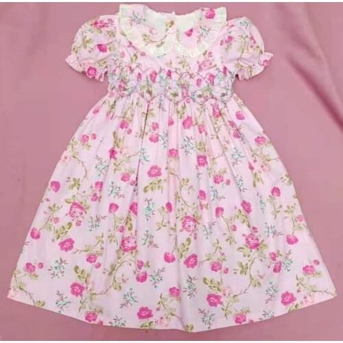 Baby girls summer vintage floral smocked handmade cotton peter pan collar kids children fashion puff sleeve princess dress