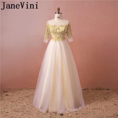 JaneVini Elegant Champagne Long Evening Dress A Line Gold Lace Applique Tulle Half Sleeves Mother of the Bride Dresses Plus Size