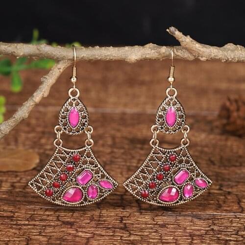 Ethnic Retro Red Sector Indian Jhumka Earrings For Women Vintage Turkey Boho Gold Carved Dangling Earrings