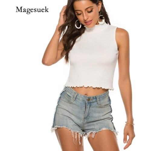 Sexy Summer Knitted Short Women Tops New Sleeveless White Half High Collar T-shirt Womens Slim High Waist Belly Shirt 14135