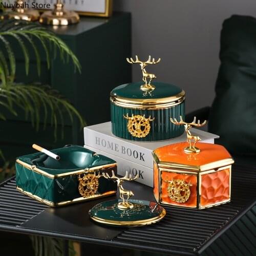 Nordic Ceramic Round Ashtray Home Living Room Creative with Lid Ashtray Anti Fly Ash Storage Box Home Decoration Accessories