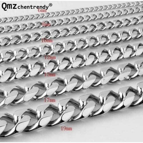 Qmzchentrendy 8/10/12/15/17/19mm 60cm Length Stainless Steel Curb Cuban Chain Necklace Boys Mens Fashion Chain Link jewelry