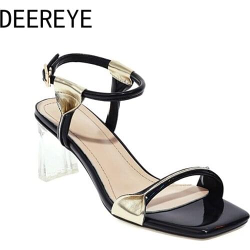 Patent Leather Round Ankle Strap Transparent Chunky Heel Women 6.5cm Sandals Open Toe Slingback Shoes Buckle Gold Size 32-43