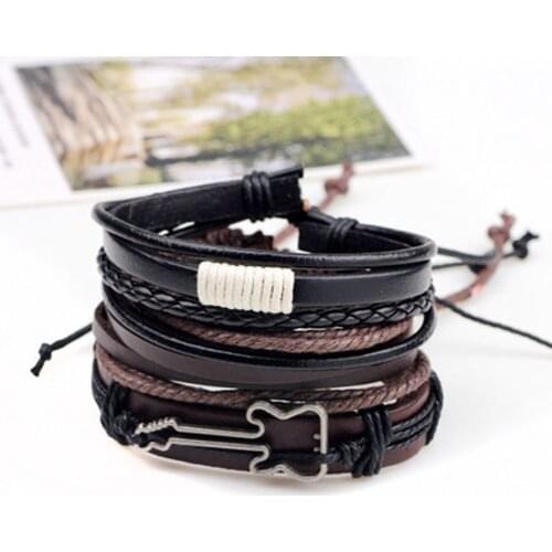 Fashion Jewelry Mens Bracelet Sets Alloy Guitar Hemp Rope Woven PU Leather Beaded Bracelets Casual Vintage Rock Punk Bracelet