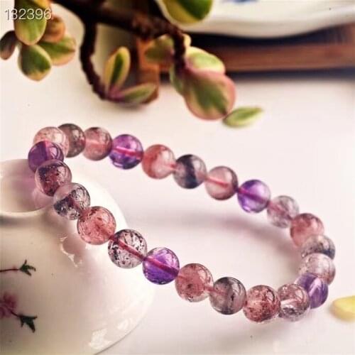 8.2mm Genuine Natural Colorful Super Seven 7 Purple Rutilated Quartz Bracelet Clear Round Beads Crystal For Women Men AAAAAA