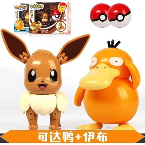 New Psyduck Eevee Transformation Figure Toys Cute Pickachu Solgaleo Lunala Trans Model With Pokeballs Birthday Gift For Children