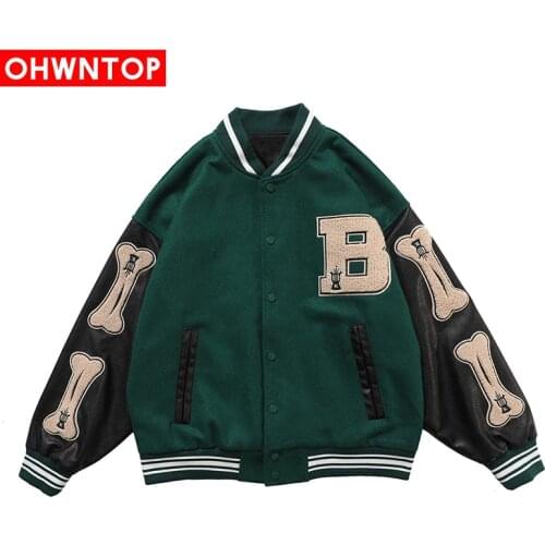 Sleeve Leather Patchwork Striped Baseball Bomber Jackets Streetwear Hip Hop Casual Bone Patchwork Color Block Coats Tops Outwear