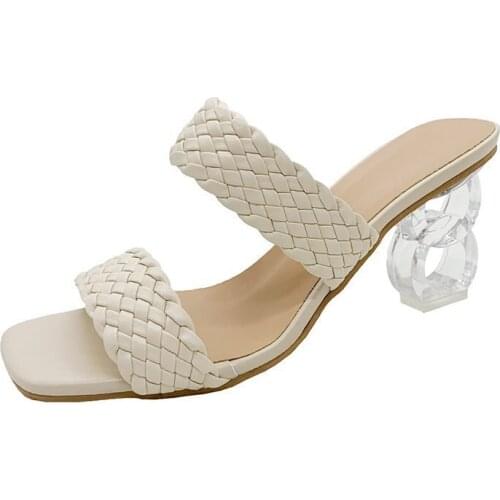 Transparent High Heels Sexy Ladies Woman Slippers 2021 New Summer Shoes Weave Square Peep Toe Slippers Ladies Leather Shoes 42
