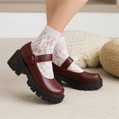 PXELENA JK Harajuku Girls Collegiate Student Uniform Mary Janes Shoes Chunky Block High Heels Punk Gothic Cosplay Shoes Women 43