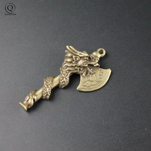 Exquisite Copper Dragon Axe Small Pendants Keychains Vintage Handmade Solid Brass Men Key Chains Jewelry Car Key Hanging Boy Toy