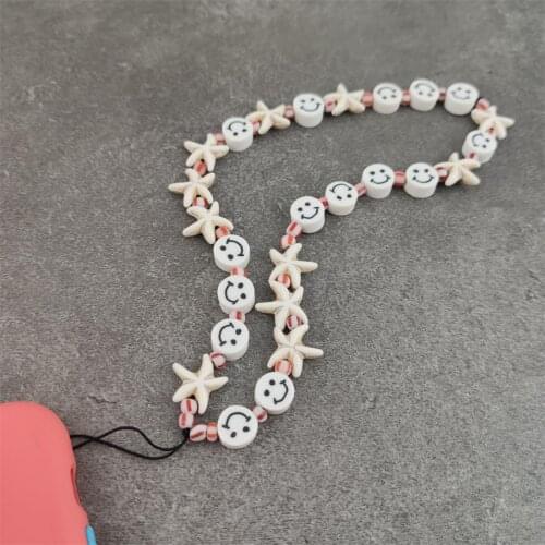 Stone Star Fish Mobile Phone Lanyard Ethnic Smiley Glass Rice Bead Black White Handmade Phone Chain Women Anti-lost