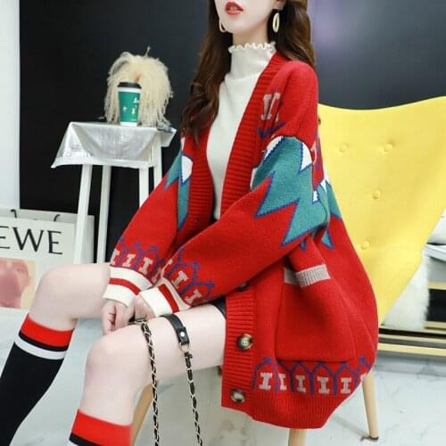 2021 Autumn Winter Long Sleeve Cardigans Vintage Print V Neck Women Sweaters Single Breasted Warm Sueter Mujer Korean Knit Coat