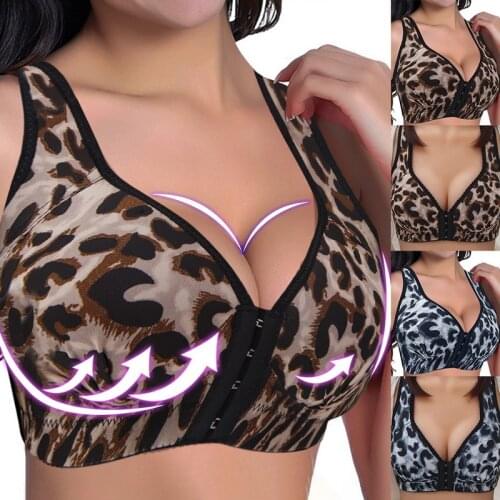 Women Leopard-print Thin Front Buckles Underwear No Steel Ring Gather And Close Breasts Anti-Sagging Large Size Bra