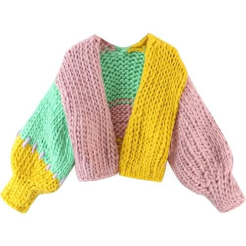 Women Fall Hand Crocheted Contrast Color Plaids Sweater Coat Lantern Sleeve Knitted Cardigan Coarse Yarn Checked Tops Knitwear