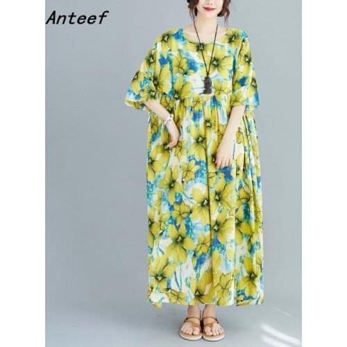Cotton linen plus size vintage floral women casual loose long summer sun dress elegant clothes 2021 ladies dresses sundress