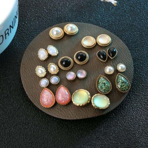 12 Pairs/set Vintage Water Drop Shape Resin Stud Earrings Set Mix For Women Luxury Jewelry Female Retro Round Metal Gold Earring