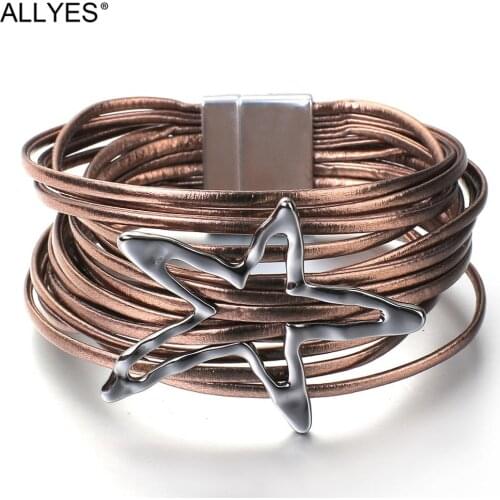 ALLYES Hollow Metal Star Charms Leather Bracelet for Women Boho Multilayer Wrap Bracelet Bangle Exaggerated Jewelry Gifts
